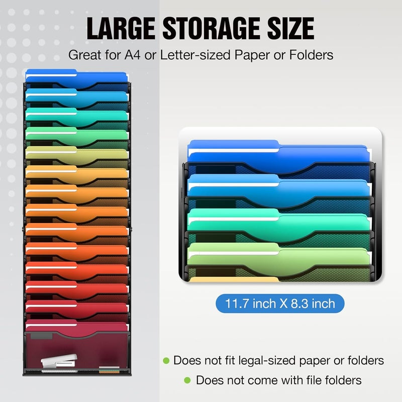 MINDEPOT 15 Tier Wall File Holder Hanging Wall File Organizer for Papers Mails Folders Document Magazine Organization, for Office School Home, Black - Image 4